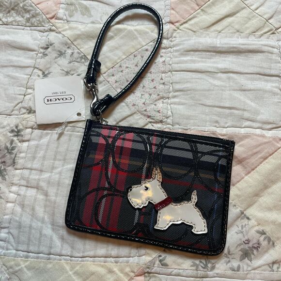 coach red and black tartan plaid scotty dog credit card wristlet nwt - Picture 1 of 7